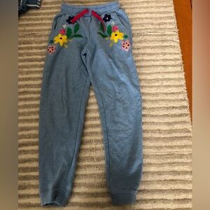 Mini Boden girls sweatpants, blue flower embroidered, size 9